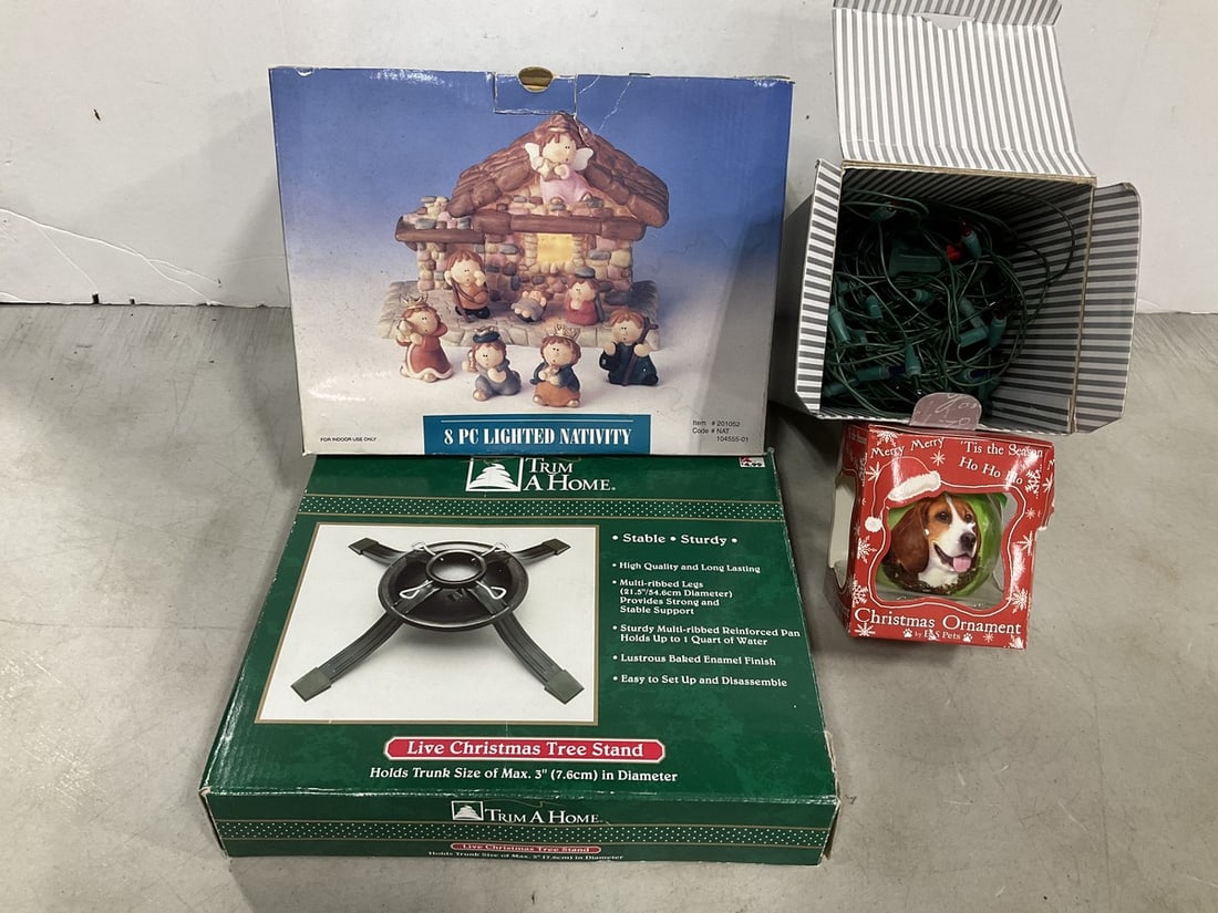 8 piece lighted nativity set, tree stand, christmas ornament, and lights (1 of 1)