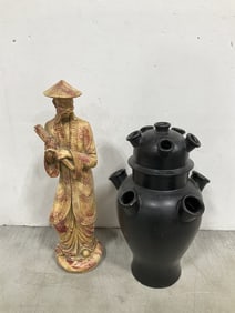 Frog vase and oriental statue(chipped-16in.tall)