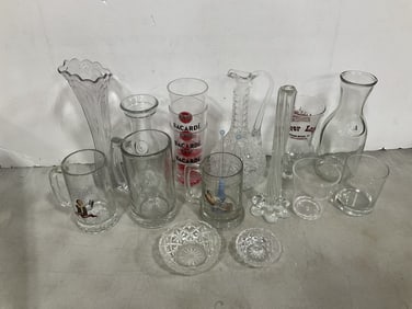 Bacardi plasting cups, glass decanter, vases, and more(tallest 11.5in.)