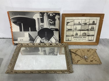 Vintage framed mirror(10in.x15in.), Operation sail New York harbor July 64 framed collage, and more