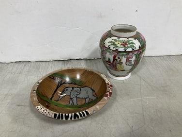 Vintage hand carved wooden bowl and hong kong vase(4.5in.tall)