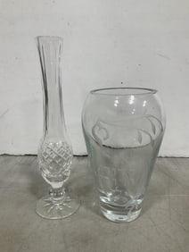 Etched glass vase and glass candlestick holder(9.5in.tall)