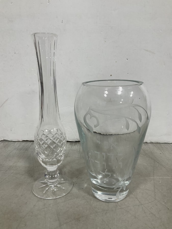 Etched glass vase and glass candlestick holder(9.5in.tall): Etched glass vase and glass candlestick holder(9.5in.tall)