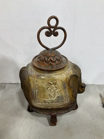 Mixed metal/ceramic elephant canister with lid(14in.tall)
