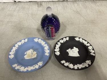 Vintage glass perfume bottle and Wedgwood plates