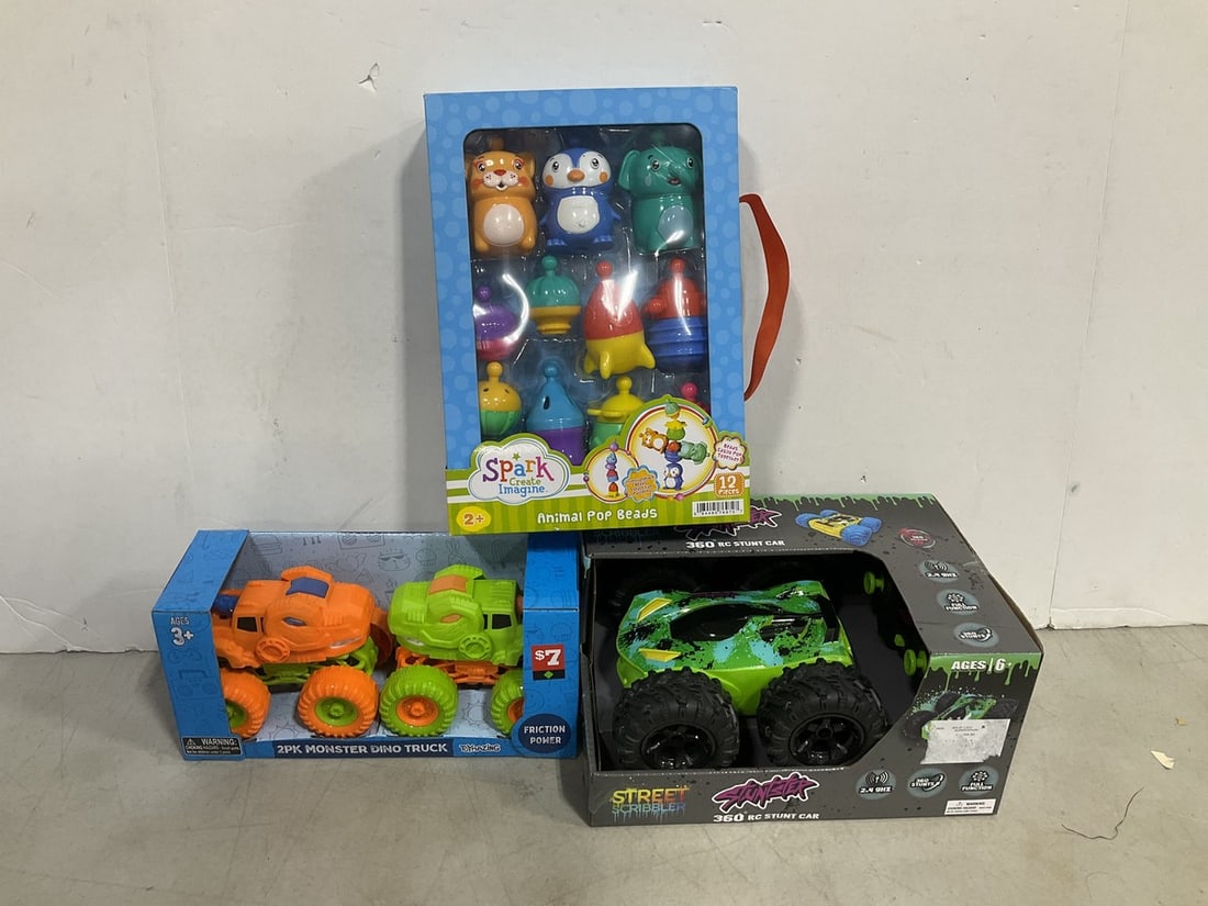 Animal pop beads, RC stunt car, and 2pk monster dino truck(all new in package): Animal pop beads, RC stunt car, and 2pk monster dino truck(all new in package)