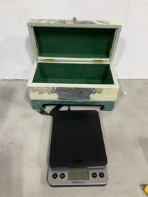 Wooden box organizer(12in.x6in.x6in.) and Think scale