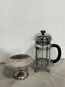 Bodum french press coffeemaker(9in.tall) and silver plated compote dish