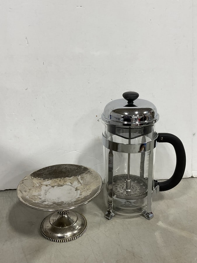 Bodum french press coffeemaker(9in.tall) and silver plated compote dish (1 of 1)