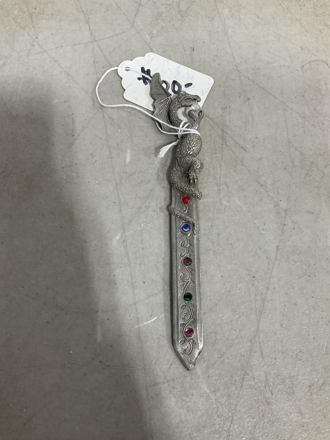 Vintage pewter jeweled dragon letter opener: Vintage pewter jeweled dragon letter opener