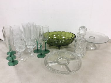 Various Glasses, Crystal Decanter, Platters, and more (Tallest - 8.5in)