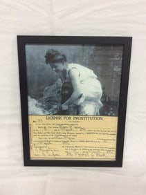Framed Copy/print of a Wild West prostitution license(9.5in.x12in.)