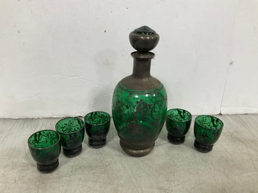 Overlayed Green Glass Decanter with Glasses (Tallest - 8in)