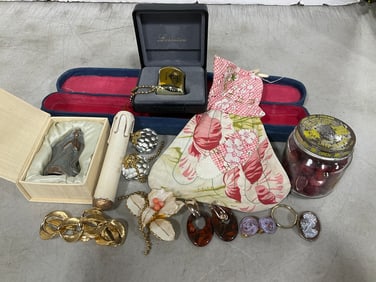 Costume jewelry, vintage red buttons, and more