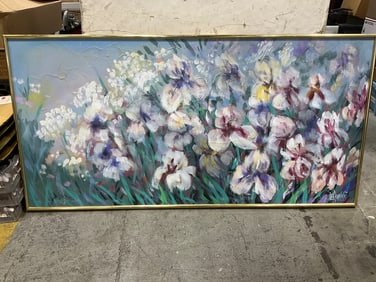 Floral oil on canvas painting signed H.Reynolds(30in.x60.25in.)
