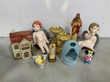 Hampton Brass Candle Holders, Handpainted Otagiri 1980 Ceramic Bank, and Various Statues