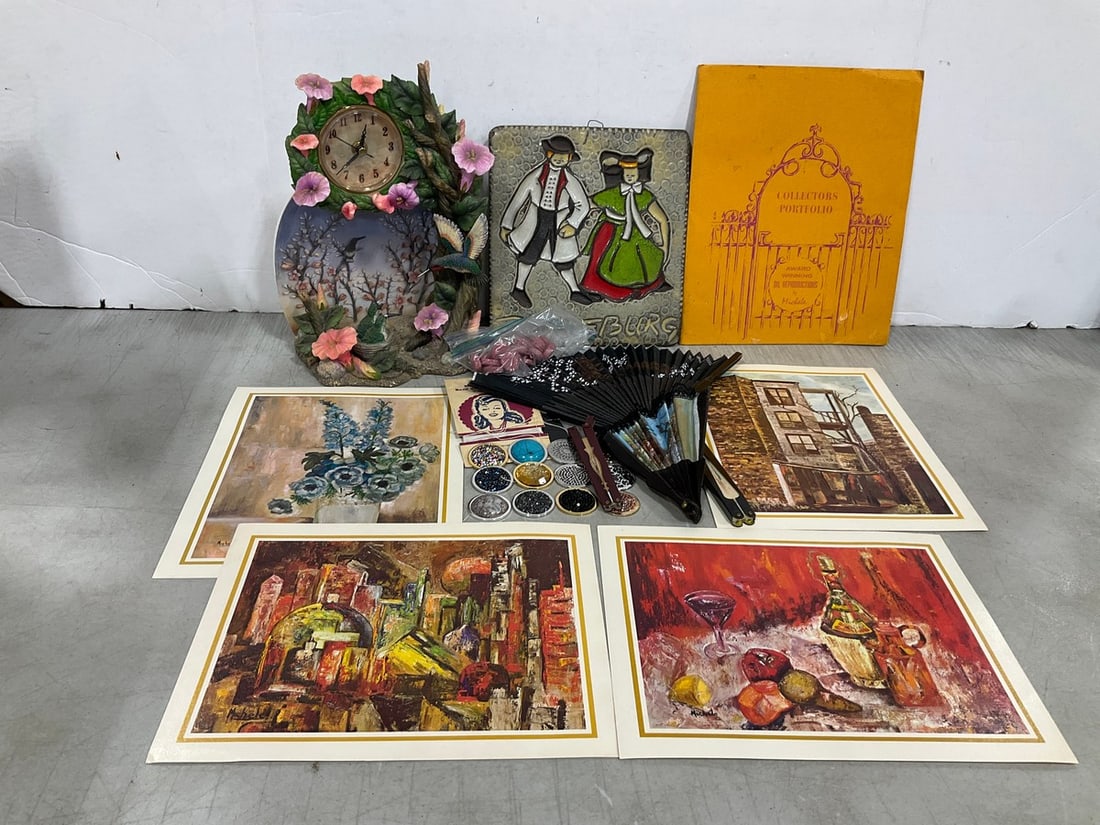 Various Art Prints, Ceramic Wall Decor, Ceramic Clock *chipped*, Handfans, and more: Various Art Prints, Ceramic Wall Decor, Ceramic Clock *chipped*, Handfans, and more