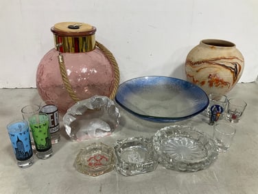 Large Glass Container, Glass Dish, Various Ash Trays, Shot Glasses, and more (Tallest - 10in)