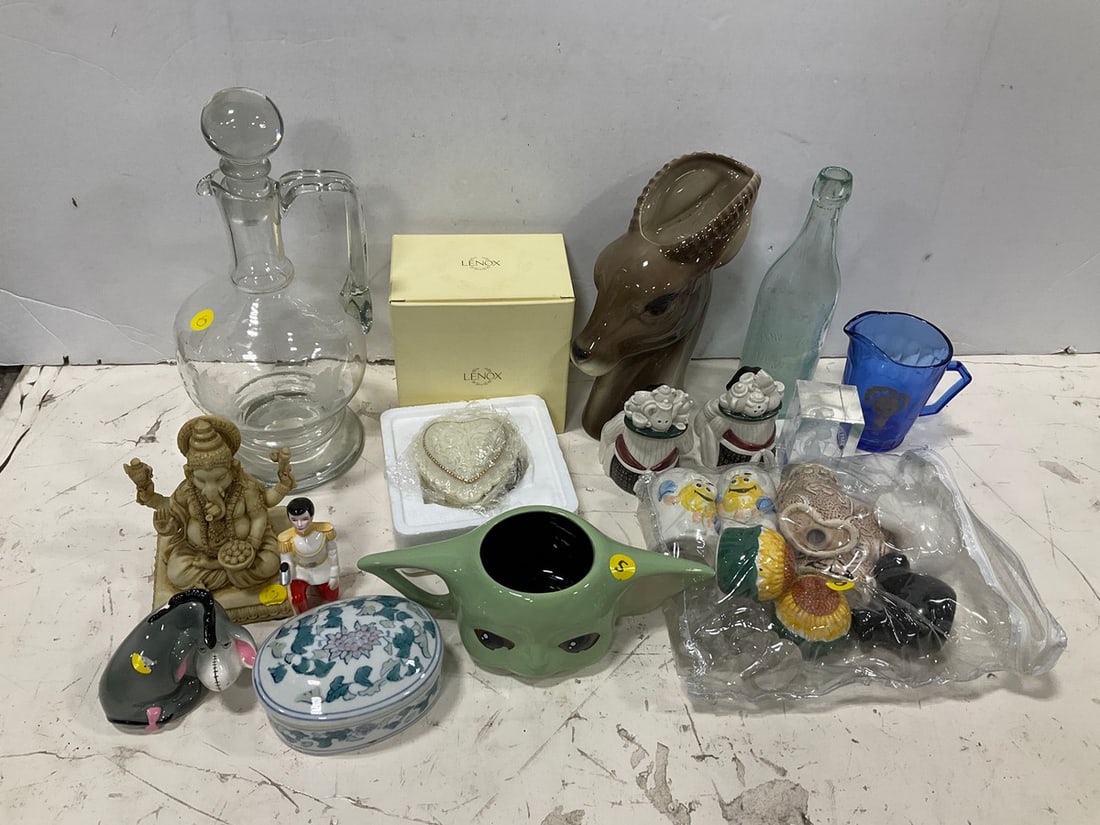 Glass Decanter, Ceramic Figures, Pepper/Salt Shakers, and more (Tallest - 13in): Glass Decanter, Ceramic Figures, Pepper/Salt Shakers, and more (Tallest - 13in)