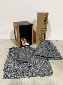 CD organizer, hat rack organizer(new in box) and winter beanie set(new)