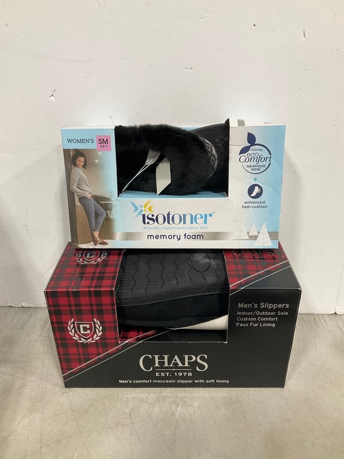 Chaps mens slippers and isotoner memory foam women's slippers(6.5-7): Chaps mens slippers and isotoner memory foam women's slippers(6.5-7)