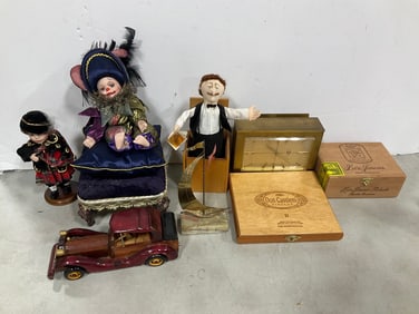 Wooden Cigar Boxes, Bulova Clock, Jack in the Box (12in Tall) Ceramic Dolls, and more