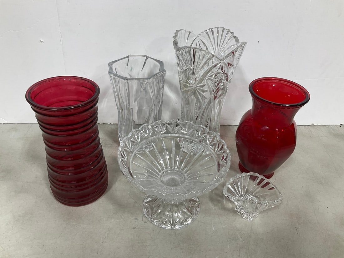 Various Crystal/Red Glass Vases, and other Crystal Glass (Tallest - 12in): Various Crystal/Red Glass Vases, and other Crystal Glass (Tallest - 12in)