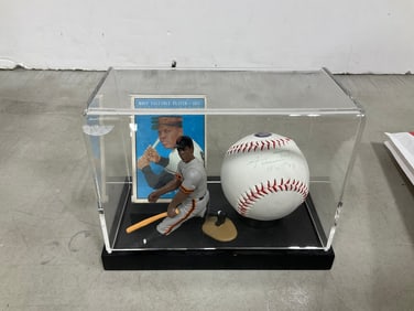 Willie Mays autographed baseball with figure and card in case