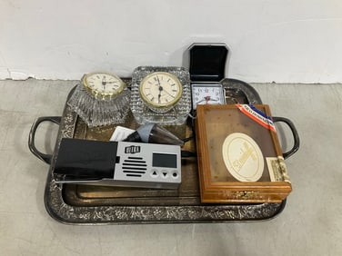 Pottery Barn Serving Tray (17inx11in), Crystal Glass Clocks, and more
