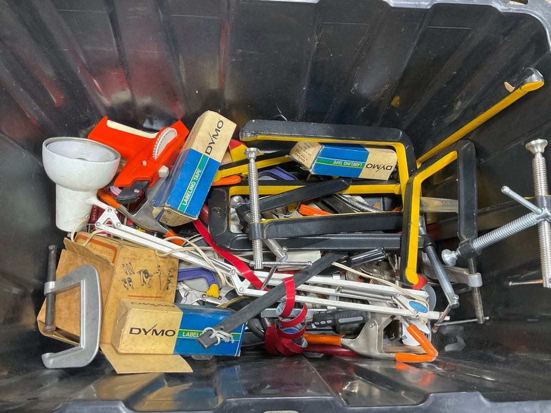 Lot of c-clamps, labeling tape, and more: Lot of c-clamps, labeling tape, and more