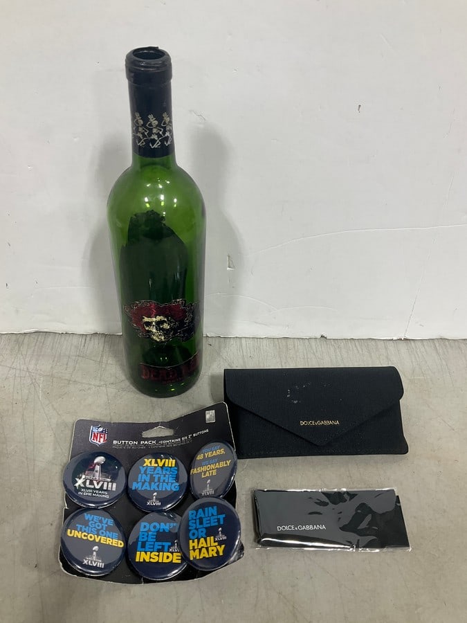 Vintage Empty Bottle (8in Tall), NFL Pin Set, Dolce and Gabbana Glasses CASE: Vintage Empty Bottle (8in Tall), NFL Pin Set, Dolce and Gabbana Glasses CASE