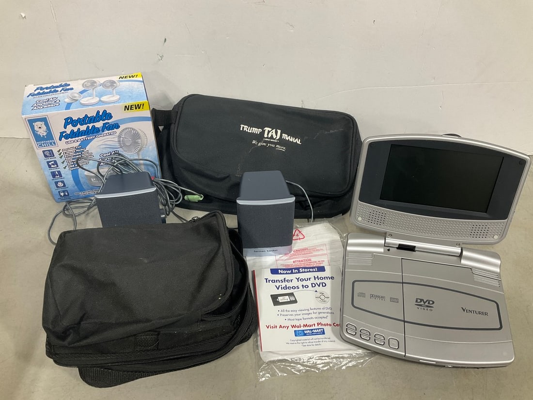 Trump Taj Mahal Bag, Harman Speakers, Venturer DVD Player, (w/ case & manual), Portable Fan, and (1 of 1)