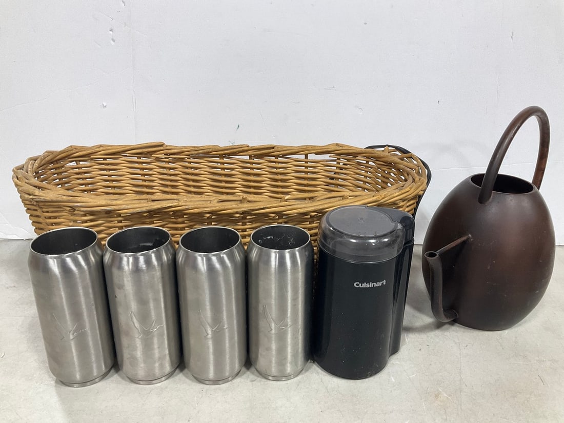 Wicker Basket with Grey Goose Vodka Cups, Vintage Teapot (10.5in Tall), and more: Wicker Basket with Grey Goose Vodka Cups, Vintage Teapot (10.5in Tall), and more