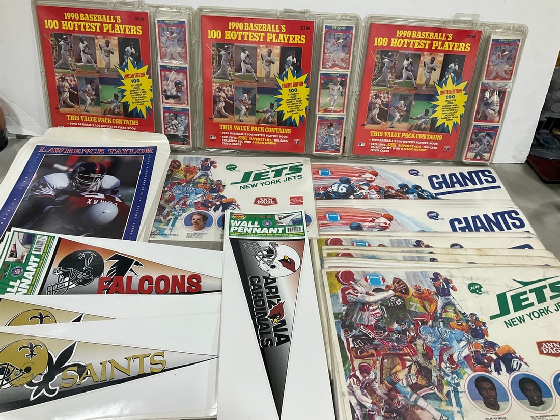 Various Sport Wall Pennant Decals, 1990s Baseball Collector Card Sets, Lawrence Taylor Prints, and (1 of 1)