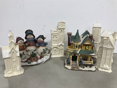 Ceramic Christmas Houses, and Snowman Light Up Decor (Tallest - 10in)