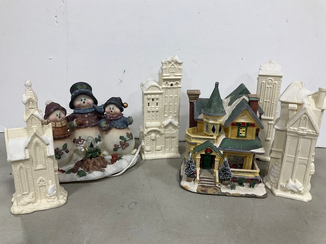 Ceramic Christmas Houses, and Snowman Light Up Decor (Tallest - 10in): Ceramic Christmas Houses, and Snowman Light Up Decor (Tallest - 10in)