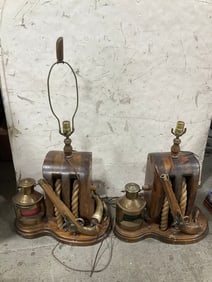 Vintage nautical themed lamps with pulley and brass lantern-one needs repair-horn not