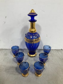 Handmade in italy blue glass gold trim decanter and shot glasses set(10in.tallest)