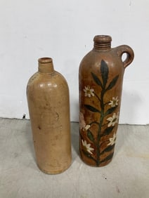 Apollinaris Brunnen vintage stoneware bottle and handpainted stoneware bottle(11.5in.tallest)