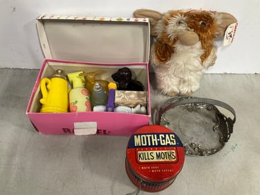 Gremlins Gizmo doll, vintage Moth gas container,and more
