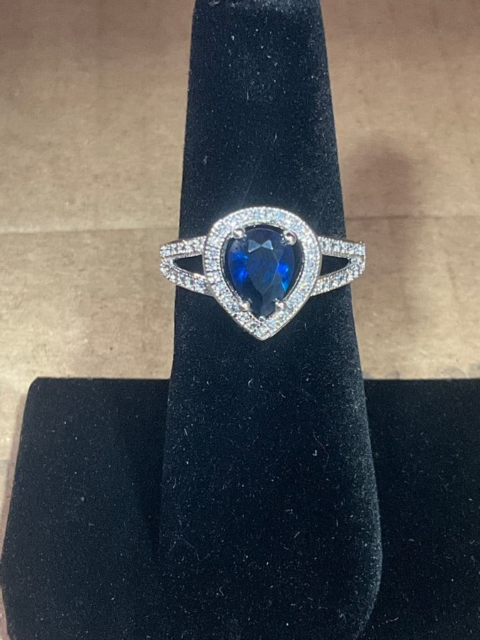 925 Sterling silver ring September blue sapphire stone with diamond chips(size 6): 925 Sterling silver ring September blue sapphire stone with diamond chips(size 6)