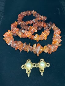 Costume jewelry clip on pearl earrings and necklace