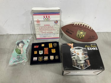 Coin sorter bank, Olympics pins, and more