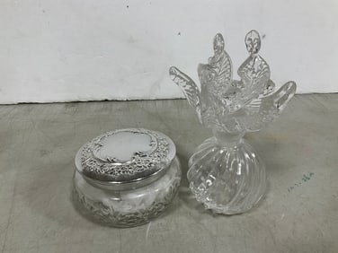 Vintage perfume glass bottle and glass dresser jar