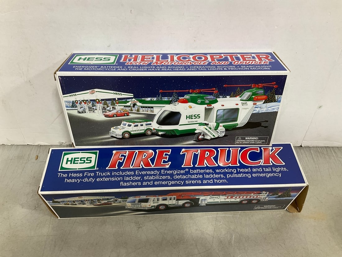 HESS firetruck and HESS helicopter with motorcycle and cruiser: HESS firetruck and HESS helicopter with motorcycle and cruiser