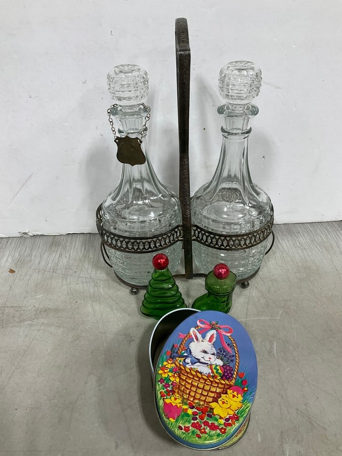 Vintage crystal scotch decanter set with caddy(13in.tall), vintage easter bunny tin, and more: Vintage crystal scotch decanter set with caddy(13in.tall), vintage easter bunny tin, and more