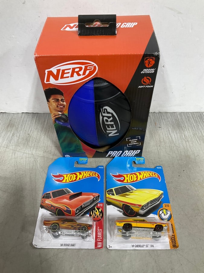 Nerf Pro Grip foam football and HotWheels cars(new in package): Nerf Pro Grip foam football and HotWheels cars(new in package)
