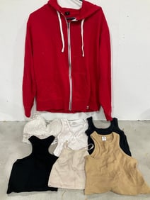 Red zip up sweatshirt(size N/A) and crop top shirts(XS/S)