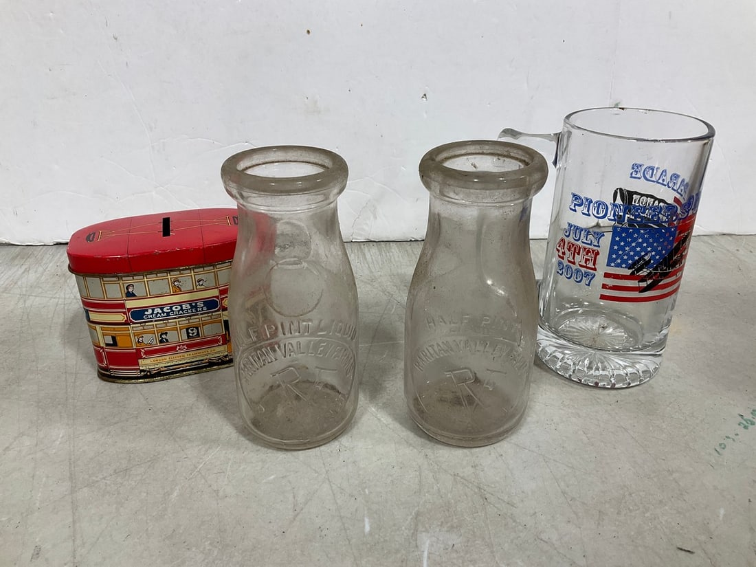 Tin bank, vintage dairy bottles, and more (1 of 1)