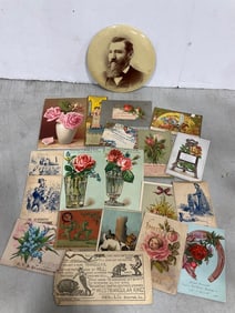 Victorian era advertising trade cards and pin